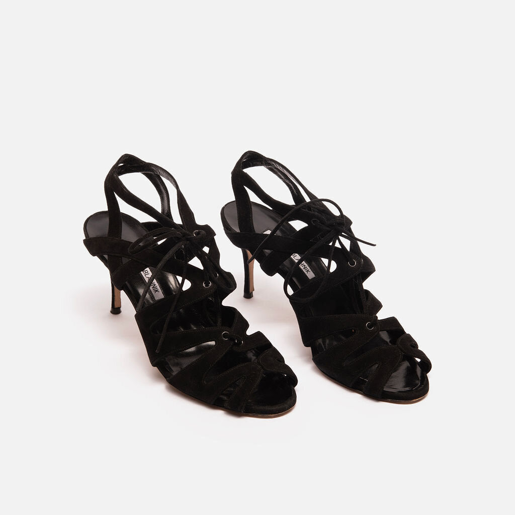 Manolo Blahnik Black Lace-Up Suede Strappy Heels