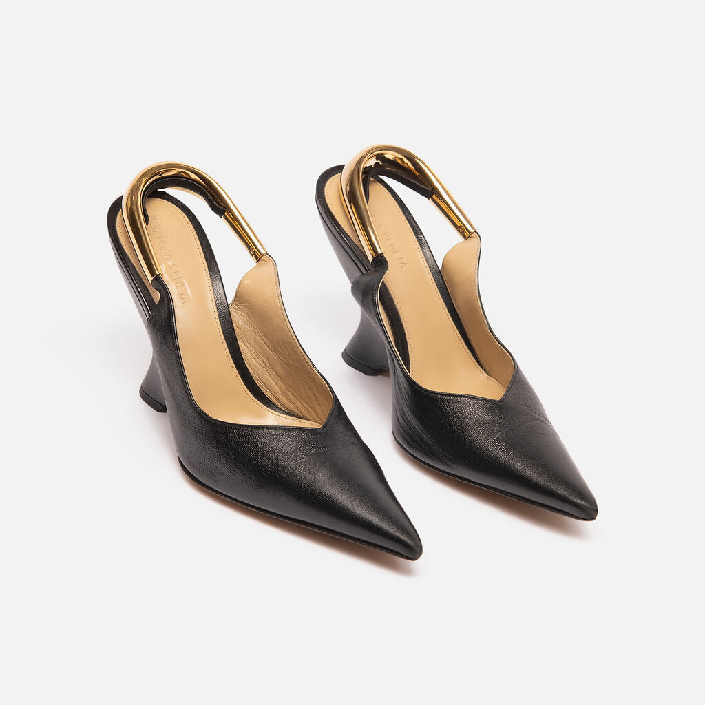 Bottega Veneta Black Leather Gold Slingbacks Shoes