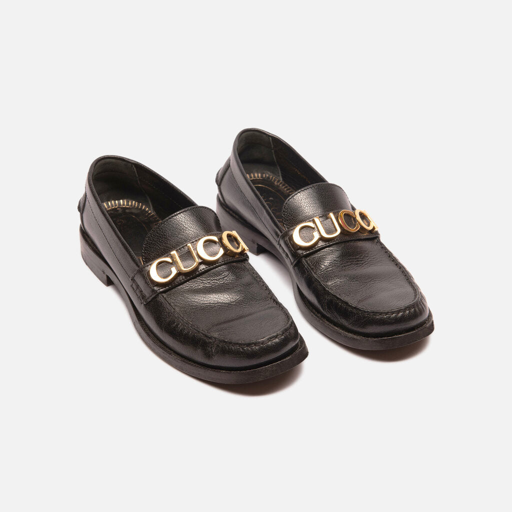 Gucci Black Leather Logo Loafers