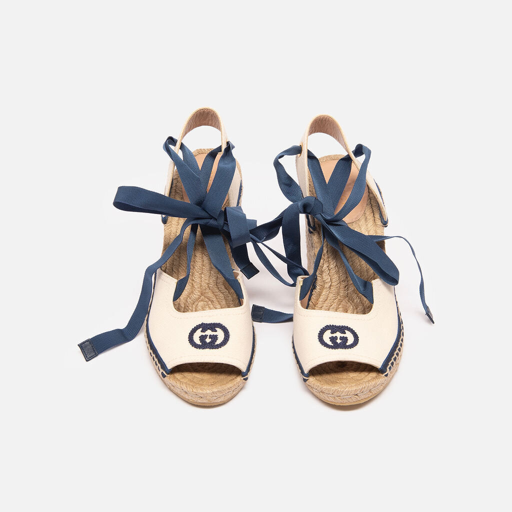 Gucci Blue White Espadrille Wedge Sandal