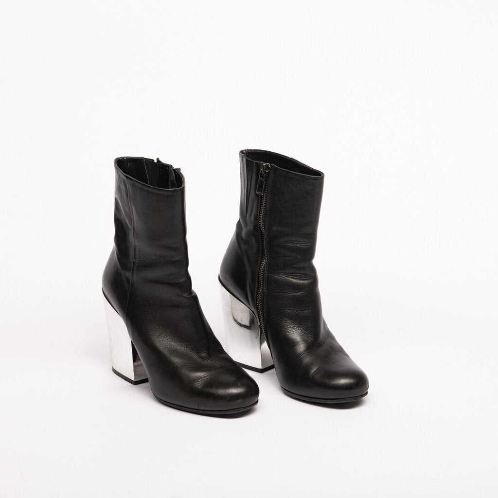 Alexander McQueen Black Leather Silver Heel Boot