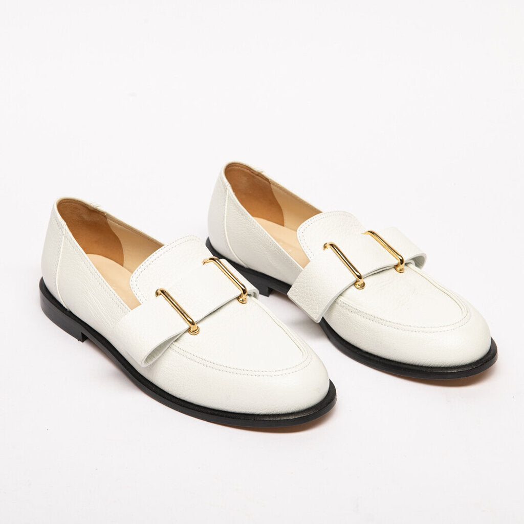 Tibi White Leather & Gold Buckle Loafer
