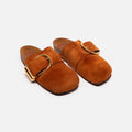 Khaite Rust Suede Mules with Gold Buckle