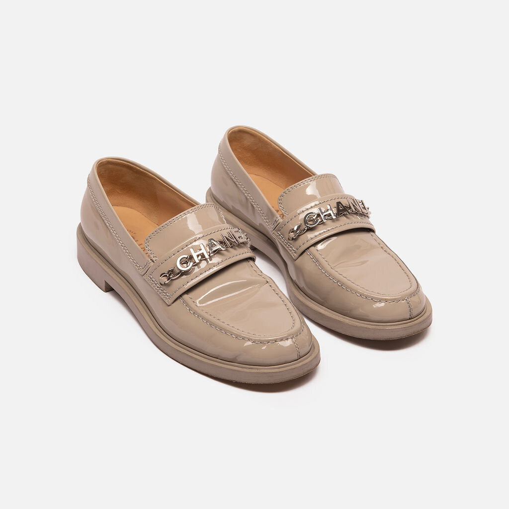 Chanel Grey Patent Logo Loafer