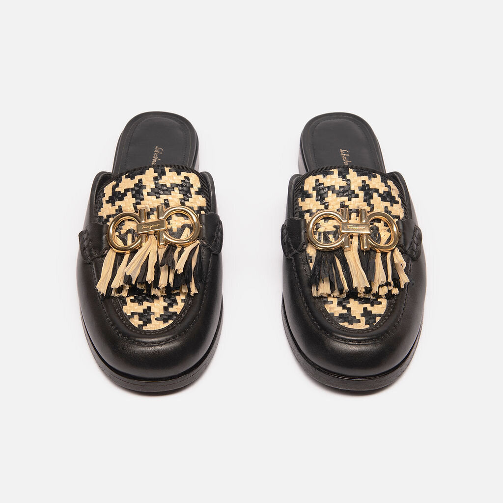Salvatore Ferragamo Black Leather Raffia Woven Mule