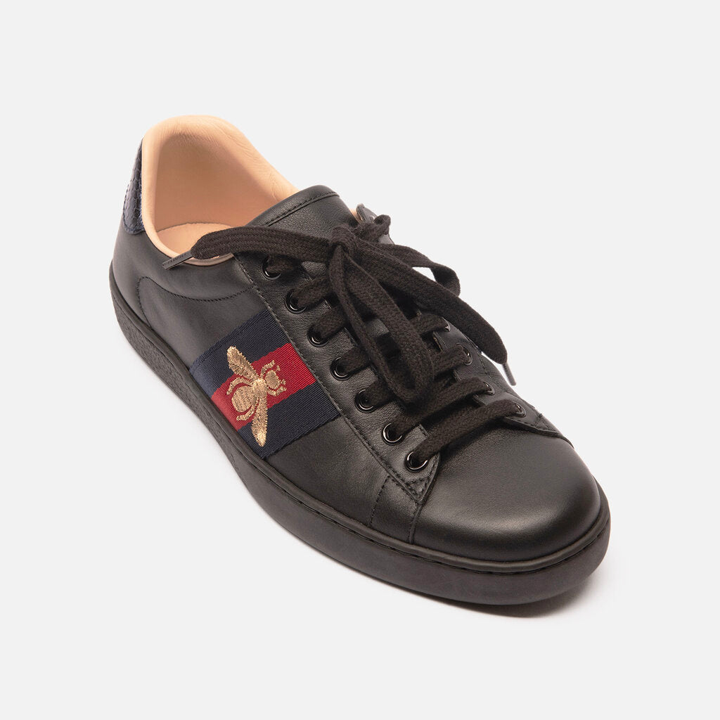 Gucci Black Leather Web Bee Sneaker