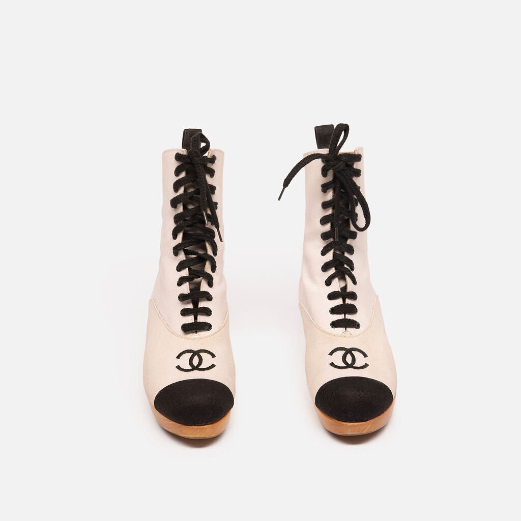 Chanel Runway Ivory & Black Wooden Heel Ankle Boots (1994)