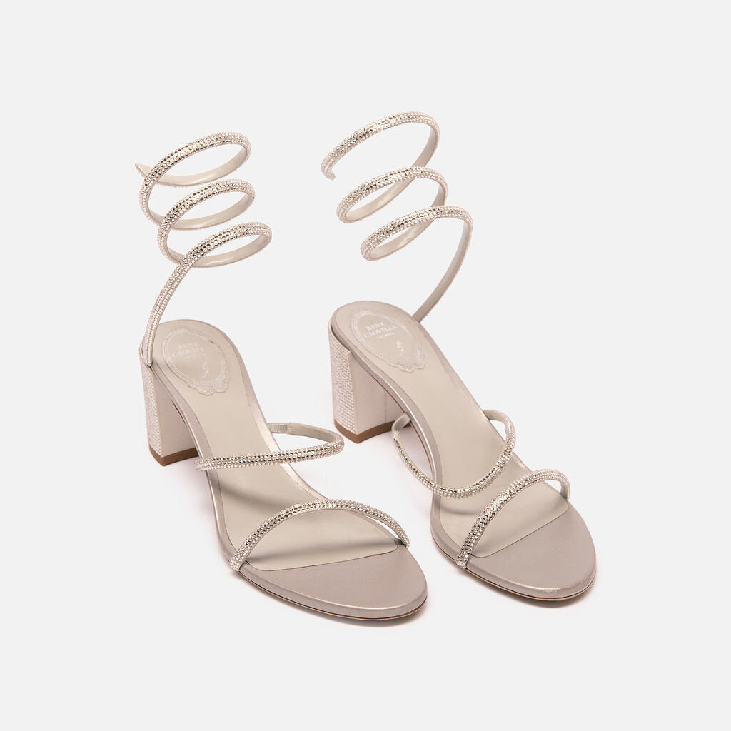 Rene Caovilla Silver Crystal Ankle Wrap Block Heels