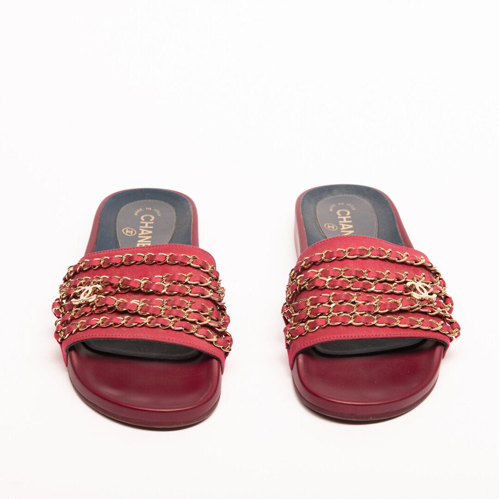 Chanel Red Leather & Satin Tropiconic Chain Slides