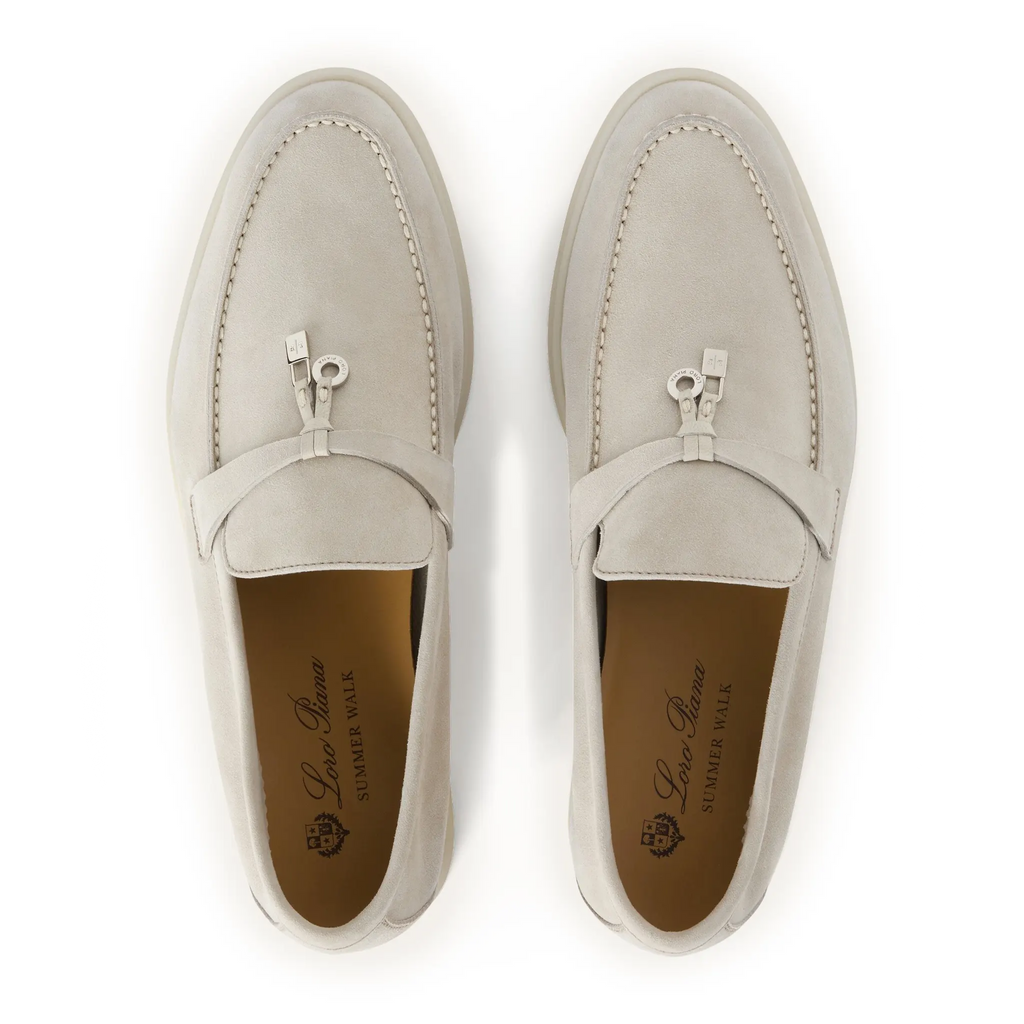 Loro Piana Summer Charms Walk Suede Pearl Powder Loafers
