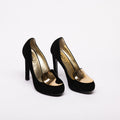 YSL Yves Saint Laurent Black Suede Gold Toe Heels